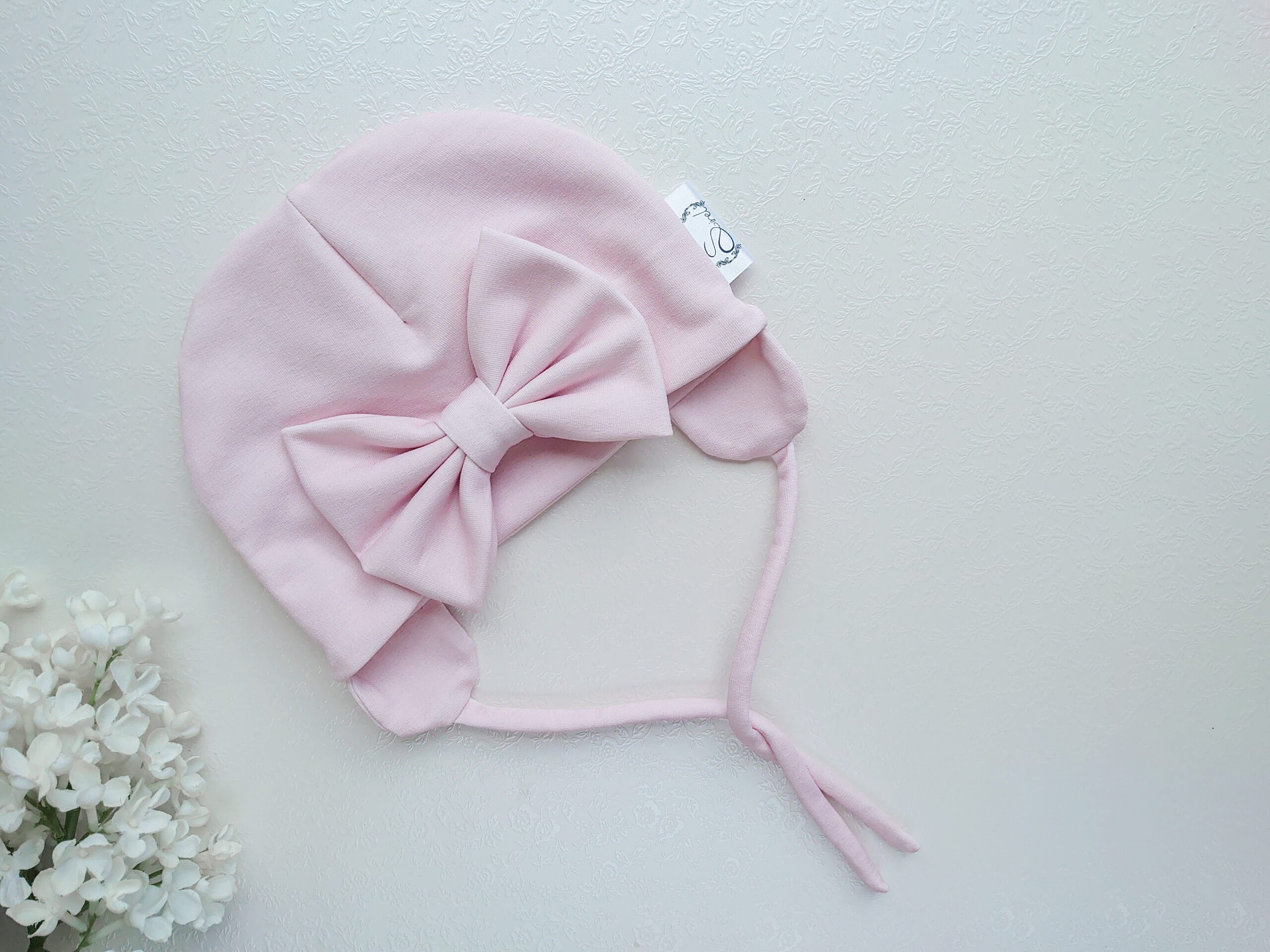 Tütdrukute roosa suure lipsuga kevadmüts sügismüts beebimüts kevadeks ja sügiseks puuvillane käsitöömüts