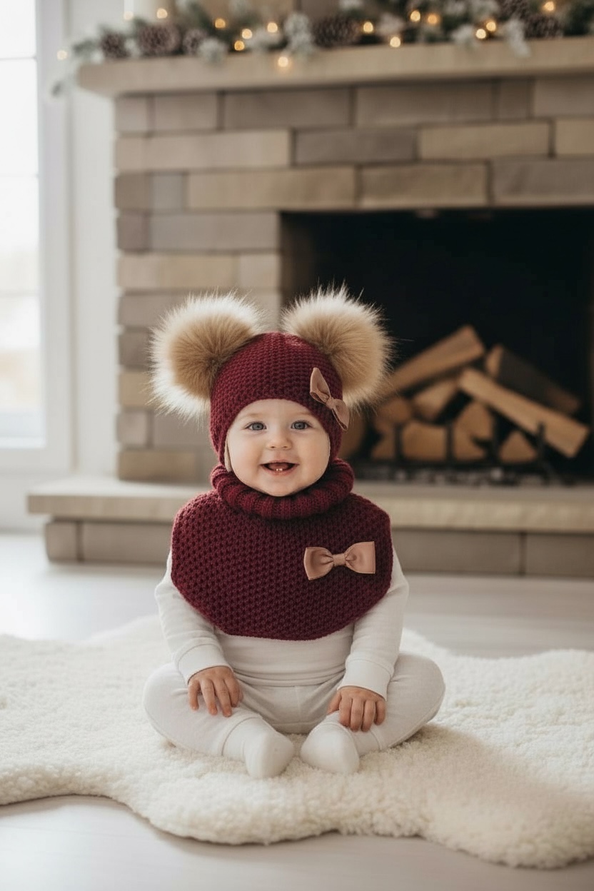 bordoopunane tumepunane tüdrukute kootud tlvemüts kahe tutiga, kootud talvemüts tuttidega, lipsudega ja kaelussall, beebimüts talveks, meriinovillane talvemüts tuttidega tüdrukule