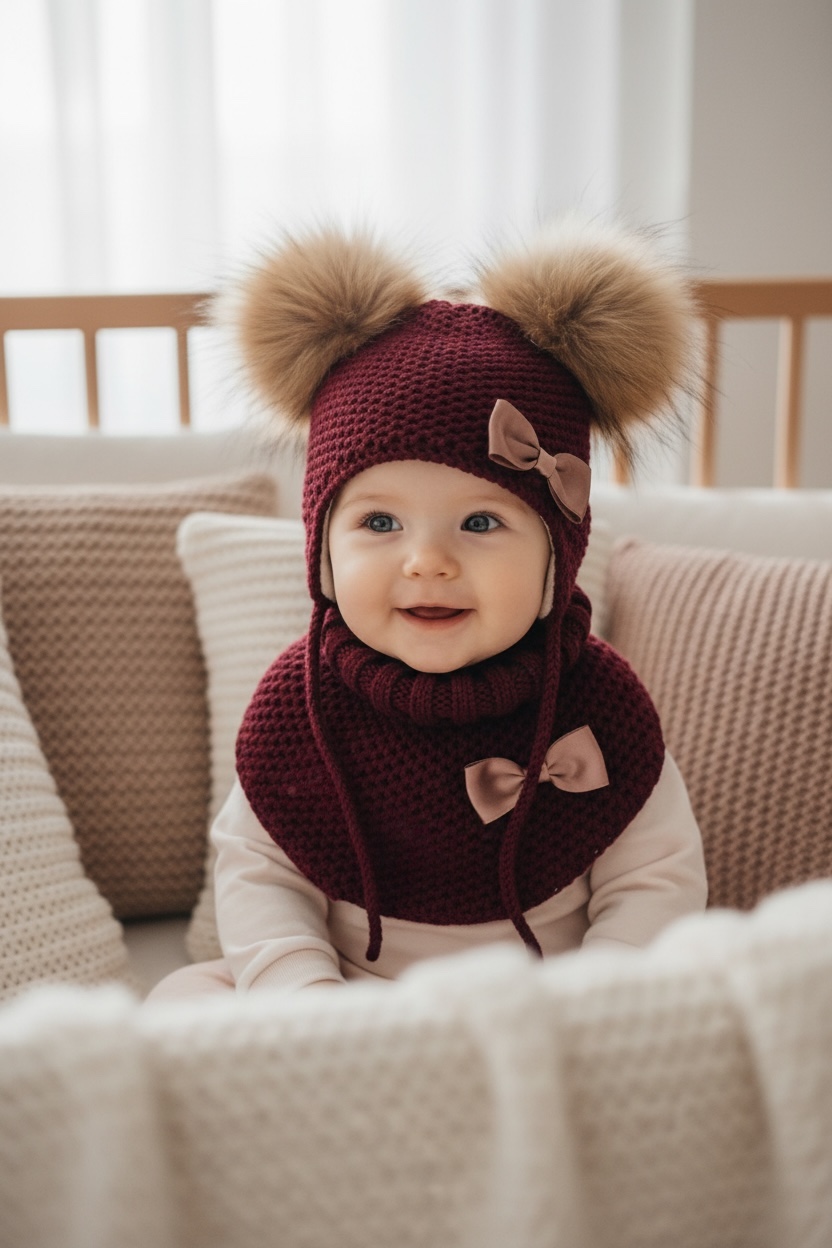 bordoopunane tumepunane tüdrukute kootud tlvemüts kahe tutiga, kootud talvemüts tuttidega, lipsudega ja kaelussall, beebimüts talveks, meriinovillane talvemüts tuttidega tüdrukule