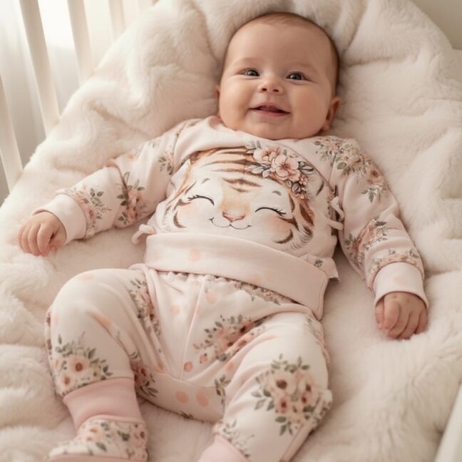 Tüdrukute pastellroosa ja valge tiigri pildiga nunnu beebibodi ja tuukrimüts ja meriinovillase voodriga beebipapud vastsündinu katsikukingitus, beebi kinkekomplekt sünniks, beebipidu, kingitus beebipeole, tüdrukule,käsitööriided beebile, luksuslik kinkekomplekt unikaalne eesti disain